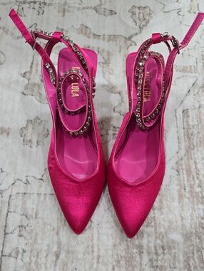 Hot Pink Satin Pointed Slingback Heels with Rhinestone Straps